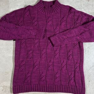 Lands End Size Medium Petite Cable Knit Mock Neck Sweater Heavyweight Fuschia